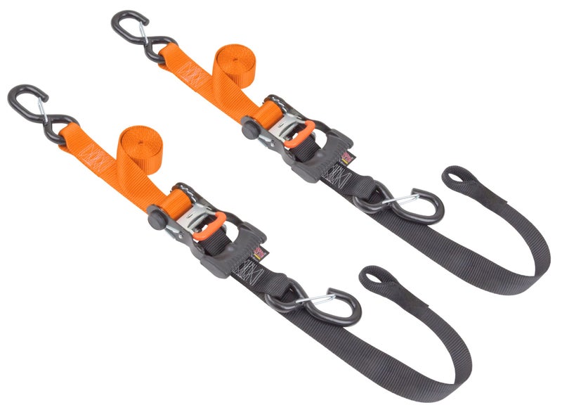PowerTye 1.5in x 6.5ft Ergonomic Locking Ratchet Soft-Tye Straps with Heavy-Duty Latch Hooks - Made in USA - 1,000 lb. Working Load Limit / 3,000 lb. Breaking Strength - Orange/Black (Pair) - Image 1